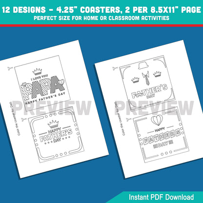 Father’s Day Coloring Tile Coasters – Printable Craft for Kids, 12 Designs, Perfect Gift for Dad, 2 Coasters per Page, Instant PDF Download