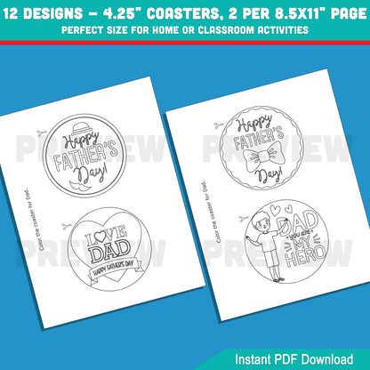 Father’s Day Circle Coasters to Color – 12 Kid-Friendly Designs, Great Printable Gift for Dad, 2 per Page, Fun Home or Classroom Craft