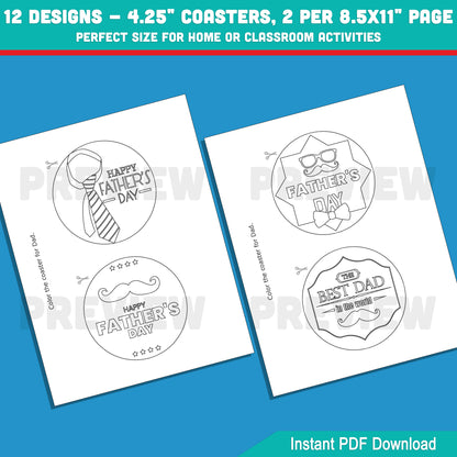 Father’s Day Circle Coasters to Color – 12 Kid-Friendly Designs, Great Printable Gift for Dad, 2 per Page, Fun Home or Classroom Craft