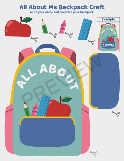 All About Me Backpack Craft, Getting to Know You Worksheet, First Week Back to School Project, Student Printable PDF