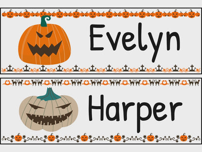 Halloween Pumpkin Name Tags: Editable Classroom Labels, Desk Tags & Bulletin Board, 30 Designs, 8.5"x11", 2/Page