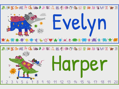 Printable Funny Animal Desk Tags: 30 Designs, Editable PowerPoint, Includes Alphabet, Shapes, Numbers 1-20, 8.5"x11", 2 Per Page for Kids