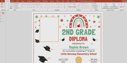 Editable 2nd Grade Graduation Diploma & Certificate Set, Retro Rainbow Stars Theme, Photo and No-Photo Awards, PDF and PowerPoint