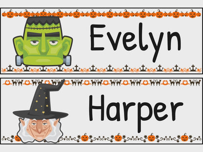 Customizable Halloween Student Name Plates: Spooky Classroom Labels, Desk Tags & Bulletin Board Fun, 30 Designs, 8.5"x11", 2/Page