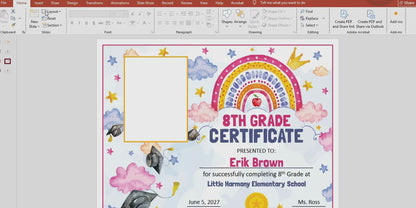 8th Grade Completion Certificate, Eighth Grade Graduation End of School Year Awards, Editable Rainbow Stars, Photo and No Photo, PDF and PowerPoint