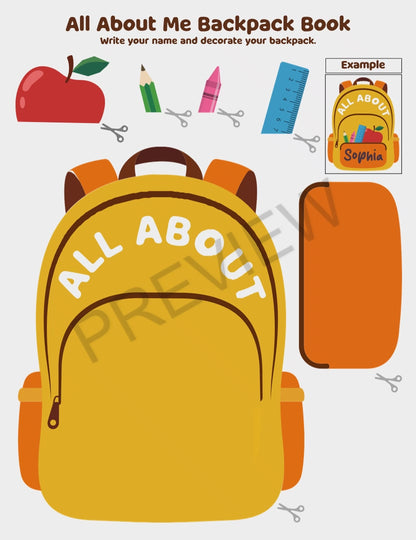 All About Me Backpack Book Craft, Back to School Worksheet, Writing & Craft Activity, 17 Page Student Printable, PDF Download
