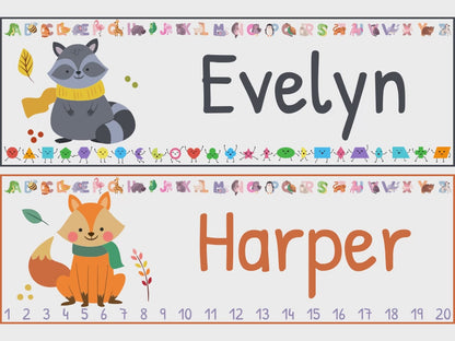 Autumn-Inspired Custom Name Plates for Students: 30 Fun Designs, 8.5"x11", 2 Per Page, 10"x3.25", Features Alphabet, Shapes, and Numbers 1-20