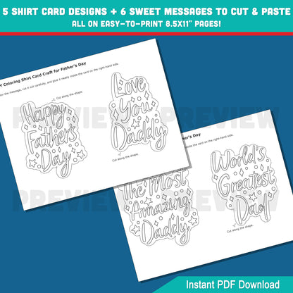 Create a Special Gift for Dad – DIY Father’s Day Shirt Card Coloring Activity with 5 Designs & 6 Messages, Print & Craft Together