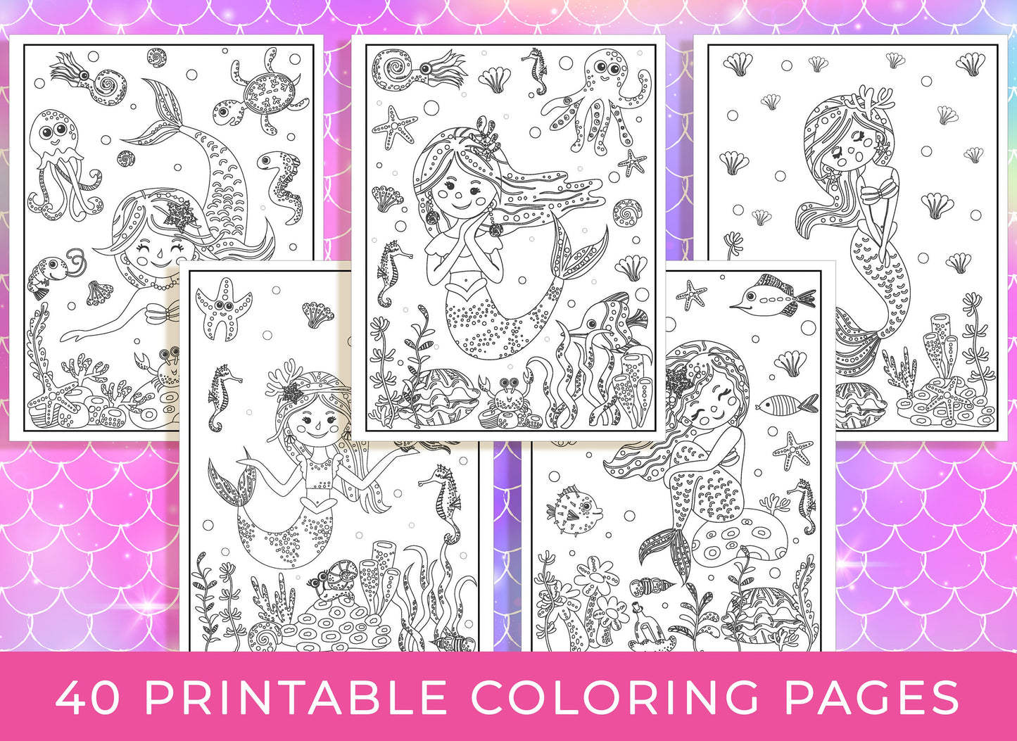 Mermaid Coloring Pages - 40 Printable Mermaid Coloring Pages for Girls, Teens & Kids, Mermaid Birthday Party Activity, Girls Birthday Party