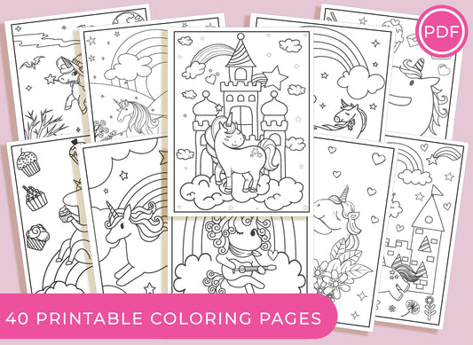 Unicorn Coloring Pages, 40 Printable Unicorn Coloring Pages for Girls, Teens & Kids, Unicorn Birthday Party Activity, PDF, Free! Size 4"x6"