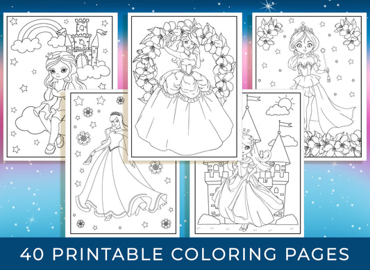 Princess Coloring Pages - 40 Printable Princess Coloring Pages for Girls, Teens, Kids, Princess Birthday Party Activity, Kids Birthday Party