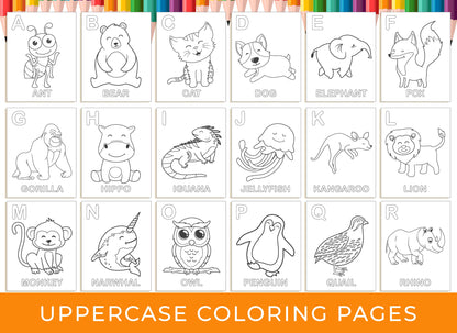 Alphabet Coloring Pages - 52 Printable Animal Alphabet Coloring Pages for Kids, Boys, Girls and Baby, Upper Case and Lower Case Letters A-Z.