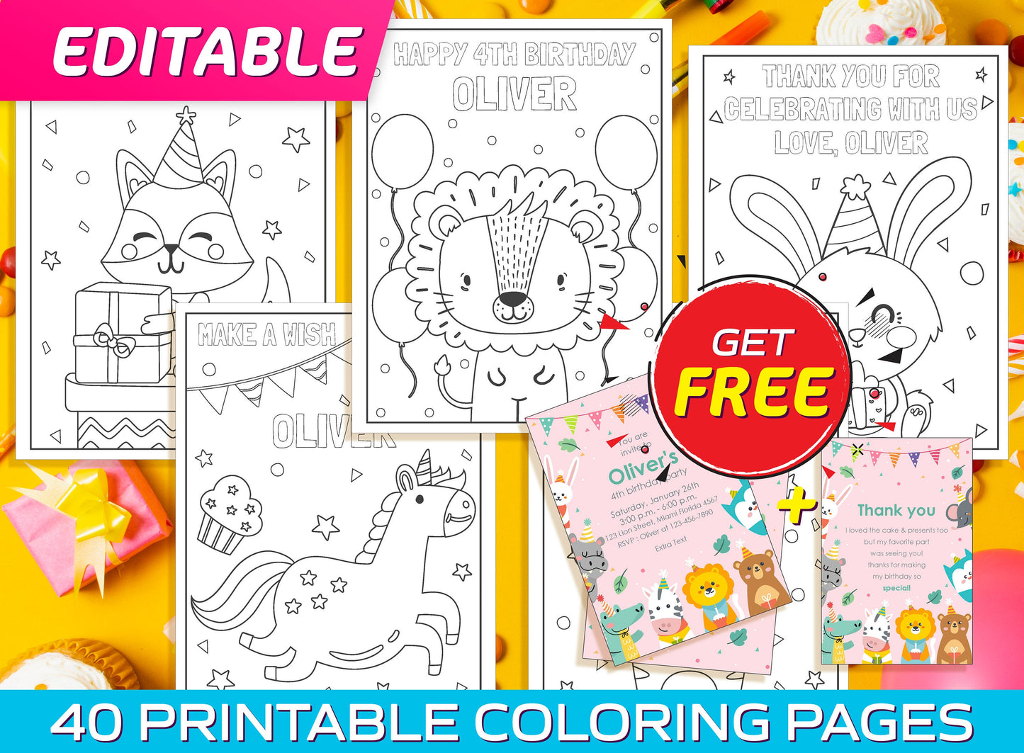 Editable Birthday Coloring Pages - 40 Printable & Editable Birthday Coloring Pages for Kids, Boys, Girls. Free Invitation + Thank You Card.