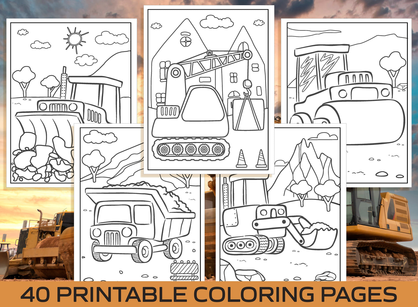 Construction Coloring Pages - 40 Printable Construction Coloring Pages for Kids, Boys, Girls. Construction Party Activity, Instant Download.