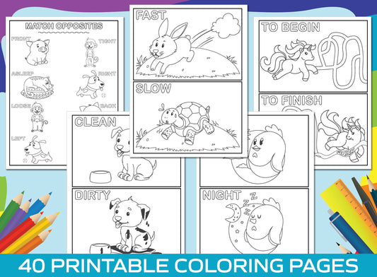 Opposite Coloring Pages, 40 Printable Animal Opposite Coloring Pages for Kids, Boys, Girls. Learning/Matching Opposites, Opposites Activity.