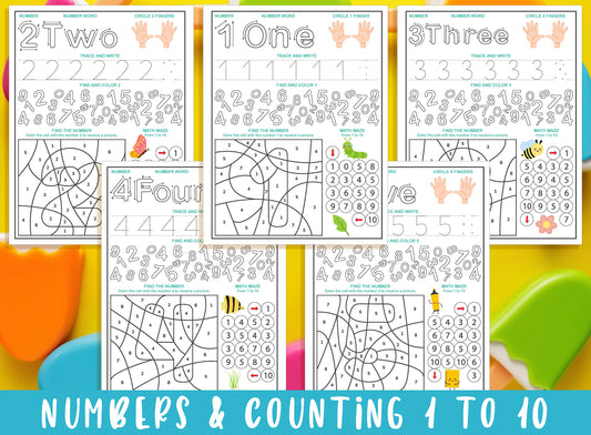 Numbers and Counting 1 to 10 Printable Worksheets. Number Learning, Preschool Math Workbook, Pre-K Learning. Number Tracing Activity