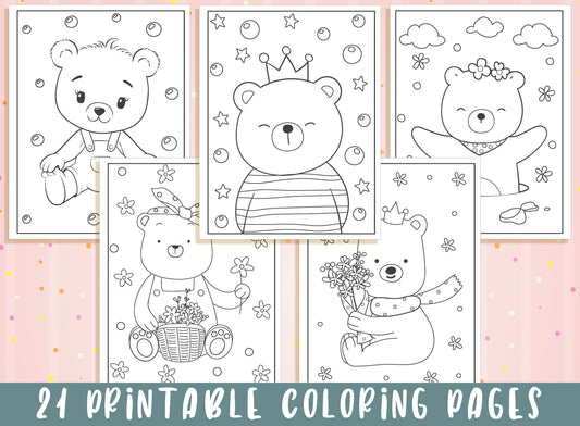 Bear Coloring Pages - 21 Printable Bear Coloring Pages for Kids, Boys, Girls, Teens, Bear Birthday Party Activity - Instant Download.