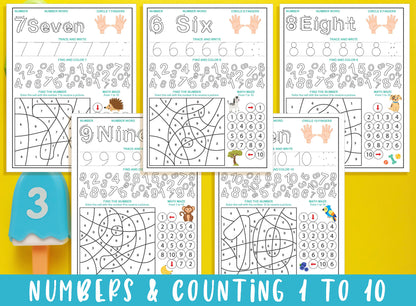 Numbers and Counting 1 to 10 Printable Worksheets. Number Learning, Preschool Math Workbook, Pre-K Learning. Number Tracing Activity