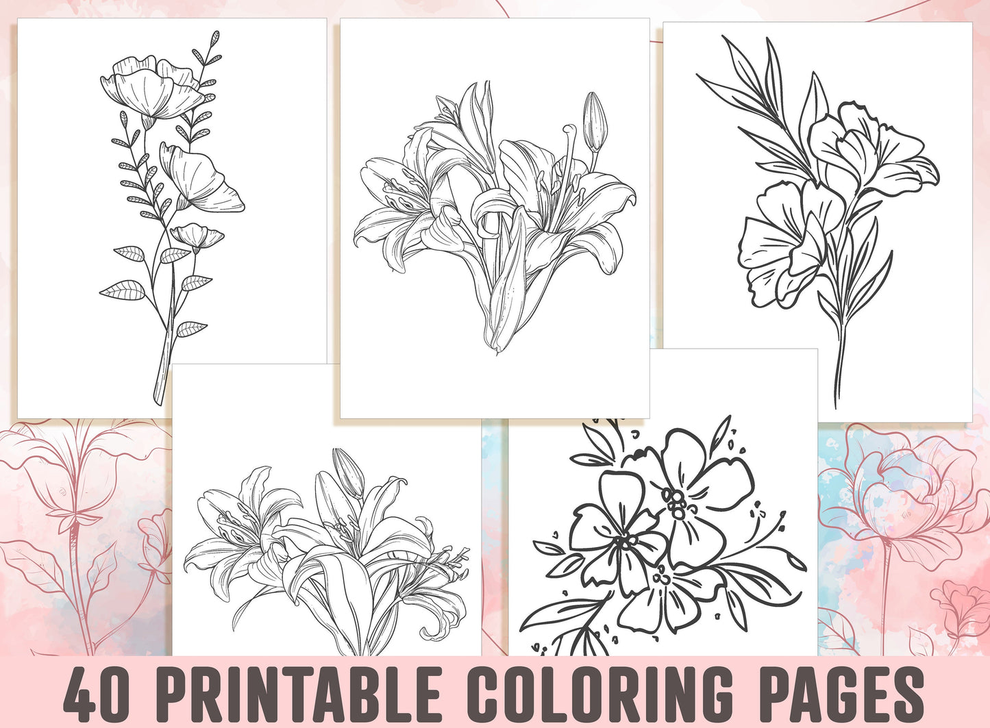 Floral Coloring Pages - 40 Beautiful Floral and Flower Coloring Pages for Adults, Kids, Boys, Girls, and Teens, Instant Download