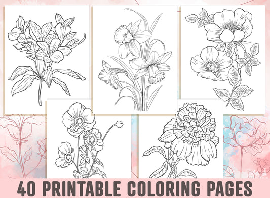 Floral Coloring Pages - 40 Beautiful Floral and Flower Coloring Pages for Adults, Kids, Boys, Girls, and Teens, Instant Download