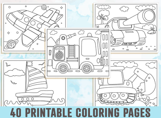 Vehicle Coloring Pages - 40 Printable Vehicle Coloring Pages for Kids, Boys, Girls, & Teens. Vehicle Party Activity, Instant Download.