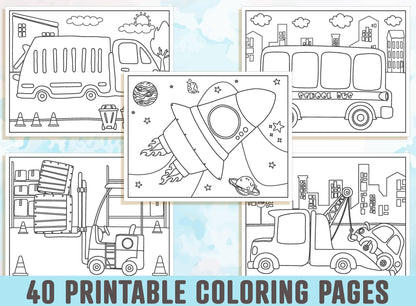 Vehicle Coloring Pages - 40 Printable Vehicle Coloring Pages for Kids, Boys, Girls, & Teens. Vehicle Party Activity, Instant Download.