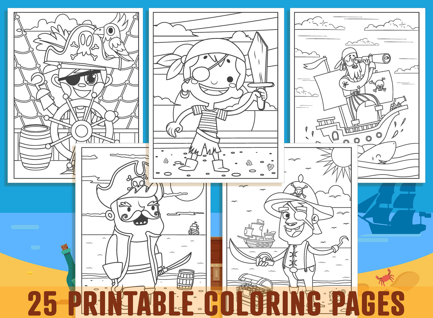 Pirate Coloring Pages - 25 Printable Pirate Coloring Pages for Kids, Boys, Girls, Teens. Pirate/Birthday Party Activity - Instant Download.
