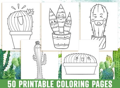 Cactus Coloring Pages - A Cute Coloring Book with 50 Adorable Cactus & Succulents Coloring Pages - A Great Gift for Kids, Boys and Girls.