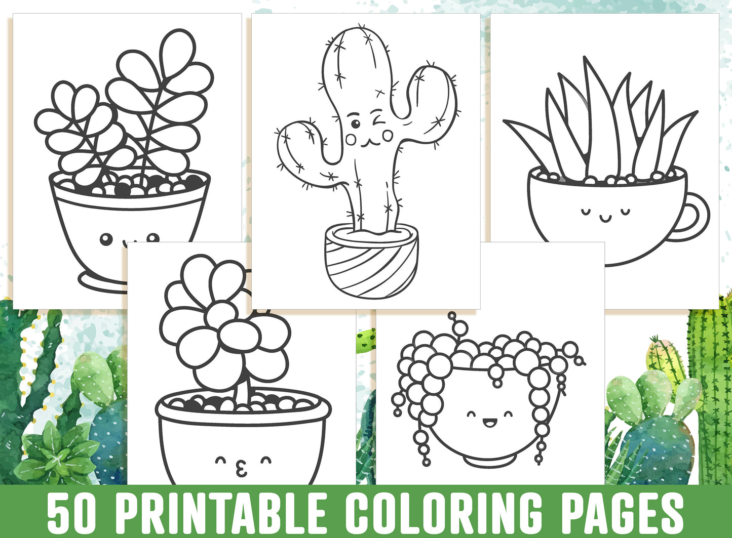 Cactus Coloring Pages - A Cute Coloring Book with 50 Adorable Cactus & Succulents Coloring Pages - A Great Gift for Kids, Boys and Girls.