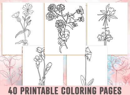 Floral Coloring Pages - 40 Beautiful Floral and Flower Coloring Pages for Adults, Kids, Boys, Girls, and Teens, Instant Download