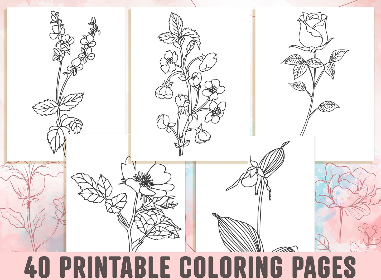 Floral Coloring Pages - 40 Beautiful Floral and Flower Coloring Pages for Adults, Kids, Boys, Girls, and Teens, Instant Download