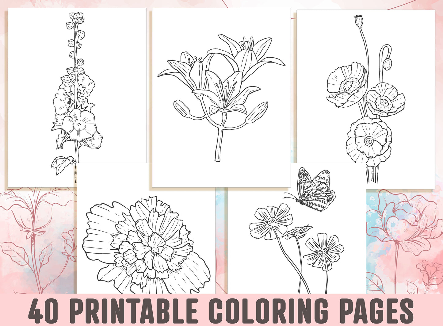 Floral Coloring Pages - 40 Beautiful Floral and Flower Coloring Pages for Adults, Kids, Boys, Girls, and Teens, Instant Download