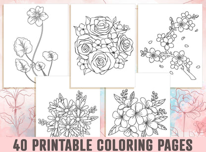 Floral Coloring Pages - 40 Beautiful Floral and Flower Coloring Pages for Adults, Kids, Boys, Girls, and Teens, Instant Download