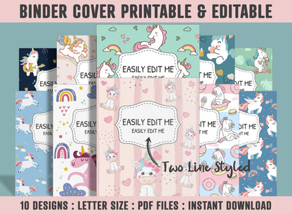Binder Cover Printable, 10 Covers+Spines, Printable, Editable, Teacher, Kids, School Binder, Planner Cover, One & Two Line Styled, Unicorn
