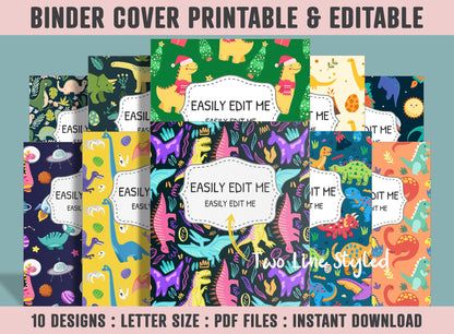 Binder Cover Printable, 10 Covers+Spines, Printable, Editable, Teacher, Kids, School Binder, Planner Cover, One & Two Line Styled, Dinosaur