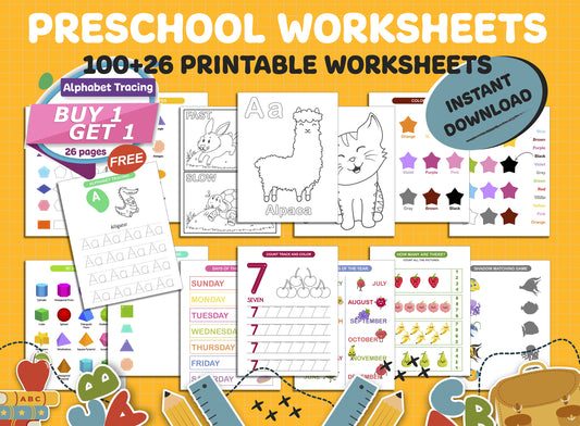 Preschool Worksheets 100+26 Printable Worksheets, Kids Activities, Preschool Learning, Alphabet, Tracing, Numbers, Shapes, Toddler Workbook.