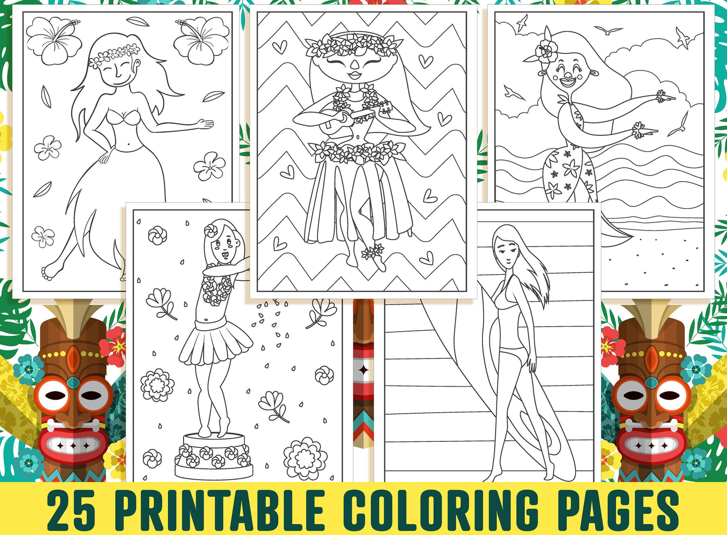 Island Girl Coloring Pages, 25 Printable Island Girl Coloring Pages for Kids, Girls, & Teens. Hawaiian Girl, Tiki Totems, Instant Download