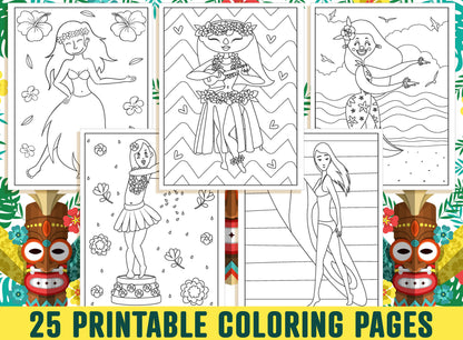 Island Girl Coloring Pages, 25 Printable Island Girl Coloring Pages for Kids, Girls, & Teens. Hawaiian Girl, Tiki Totems, Instant Download