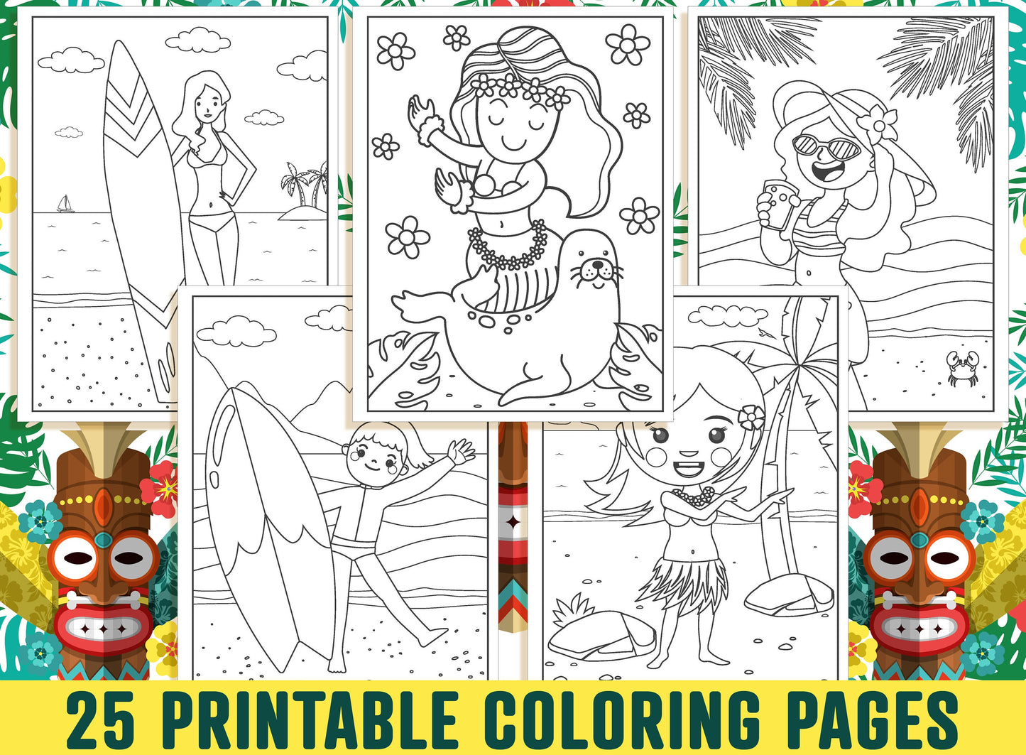 Island Girl Coloring Pages, 25 Printable Island Girl Coloring Pages for Kids, Girls, & Teens. Hawaiian Girl, Tiki Totems, Instant Download