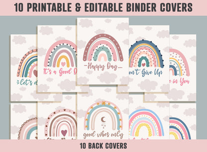 Binder Cover Printable, 10 Covers+Spines, Printable, Editable, Teacher, Kids, School Binder, Planner Cover, Binder Cover Insert : Rainbow