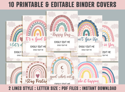 Binder Cover Printable, 10 Covers+Spines, Printable, Editable, Teacher, Kids, School Binder, Planner Cover, Binder Cover Insert : Rainbow