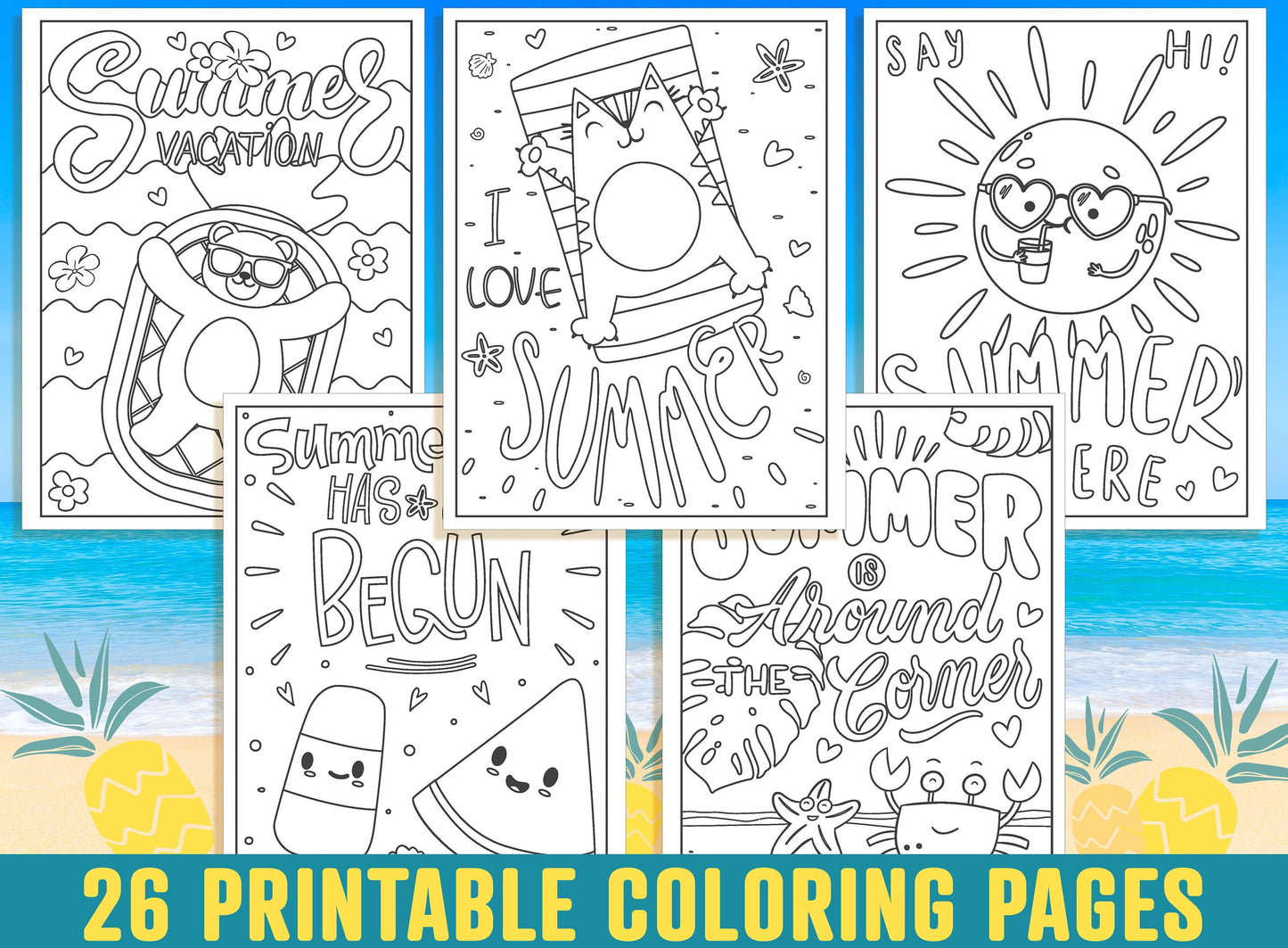 Summer Coloring Pages, 26 Printable Summer Holiday Coloring Pages for Kids, Boys, Girls, Teens, Adults, Summer Activities, Fun Coloring Book