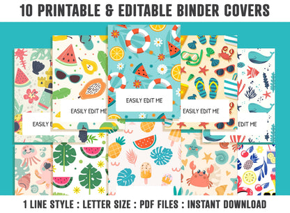 Binder Cover Template, 10 Printable/Editable Binder Covers+Spines, Planner Insert, Teacher/School/Nursing/Personalized Binder Cover: Summer