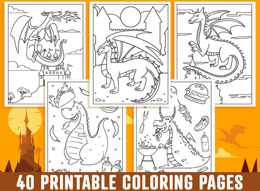 Dragon Coloring Pages, 40 Printable Dragon Coloring Pages for Kids, Boys, Girls, Teens, Adults, Dragon Party Activity, Kids Coloring Book