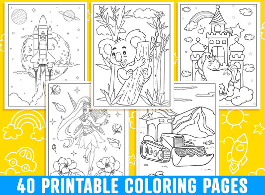 Kids Coloring Pages, 40 Printable Coloring Pages for Kids, Boys, Girls, Teens. Coloring Book for Kids, Party Activity, PDF, Instant Download