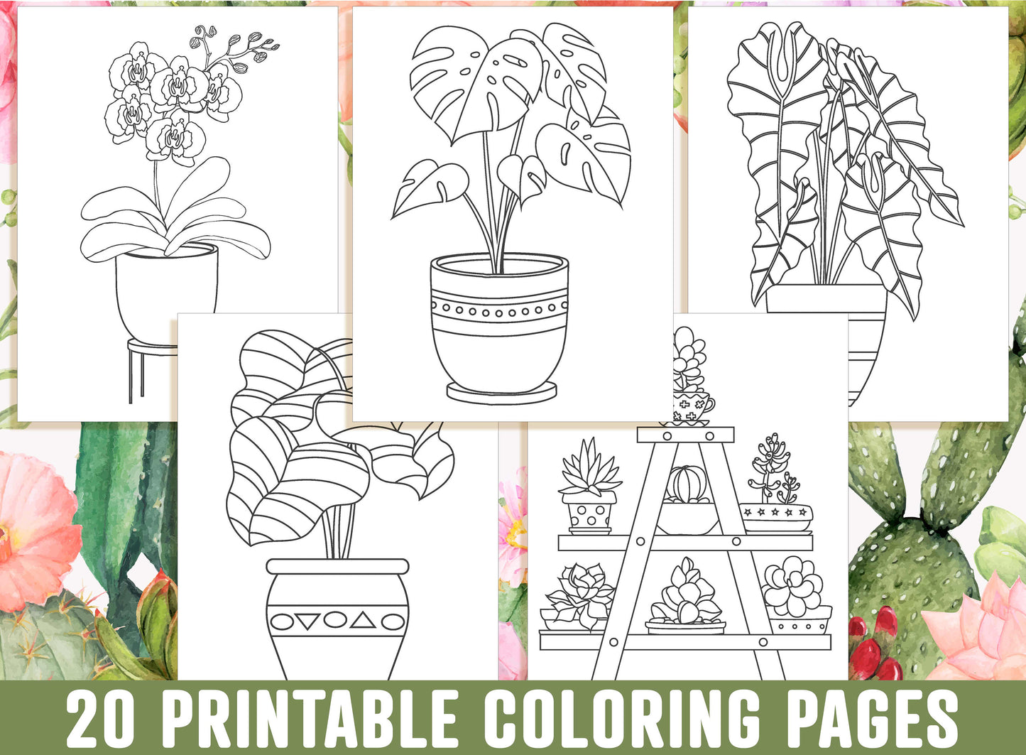 Houseplant Coloring Pages, 20 Printable Adorable Succulent, Cactus, Houseplant Coloring Pages, Indoor Plant Coloring Book, Instant Download