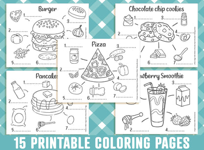 Food Coloring Pages, 15 Printable Recipe Coloring Pages for Kids, Boys, Girls, Teens, Color & Write Down Its Ingredients, Instant Download