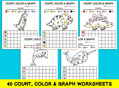 40 Count, Color & Graph Worksheets, Count and Graph Shapes Worksheets, Math Workbook, Printable Worksheets/Math for Kids, Morning Worksheets
