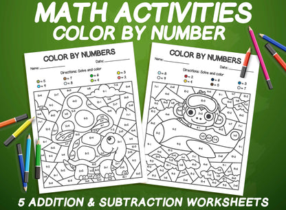Color By Number for Kids, 5 Printable Color By Number Pages, Printable Math Activities, Animal Color by Number, Addition & Subtraction 1-10