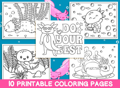 Axolotl Coloring Pages, 10 Printable Axolotl Coloring Pages for Kids, Boys, Girls, Teens, Axolotl Birthday Party Activity, Instant Download